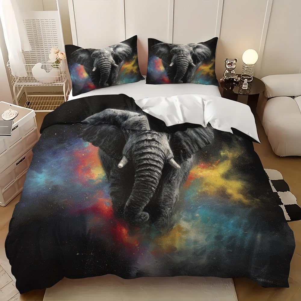 Parure de lit éléphant 3D pour chambre d'enfant et ado, motif ciel étoilé gris magique