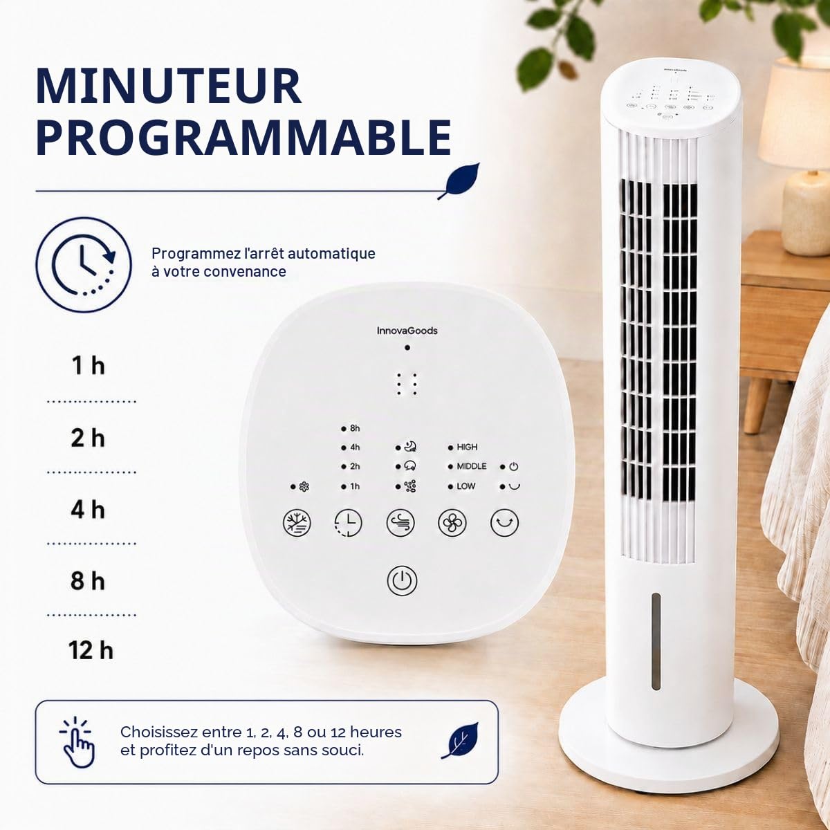 InnovaGoods Refroidisseur d'évaporation portable Tour 4 en 1 Ventilateur Humidificateur Diffuseur d'arômes Télécommande 3.5L 3 Vitesses Minuterie Oscillation 45° Silencieux <46dB
