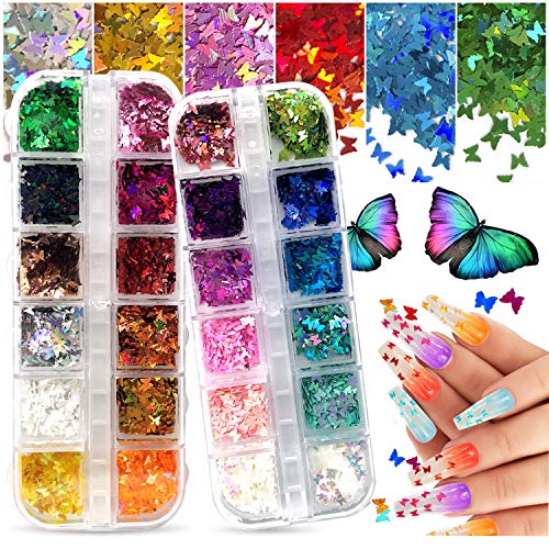 VellMix Glitter Decorative Nail Stickers 3D Holographic Butterfly Nail Glitter 24 Colors/set Splarkly Nail Sequins Flake Acrylic Manicure Paillettes Ultrathin Face Body Glitters Nail Art Decoration