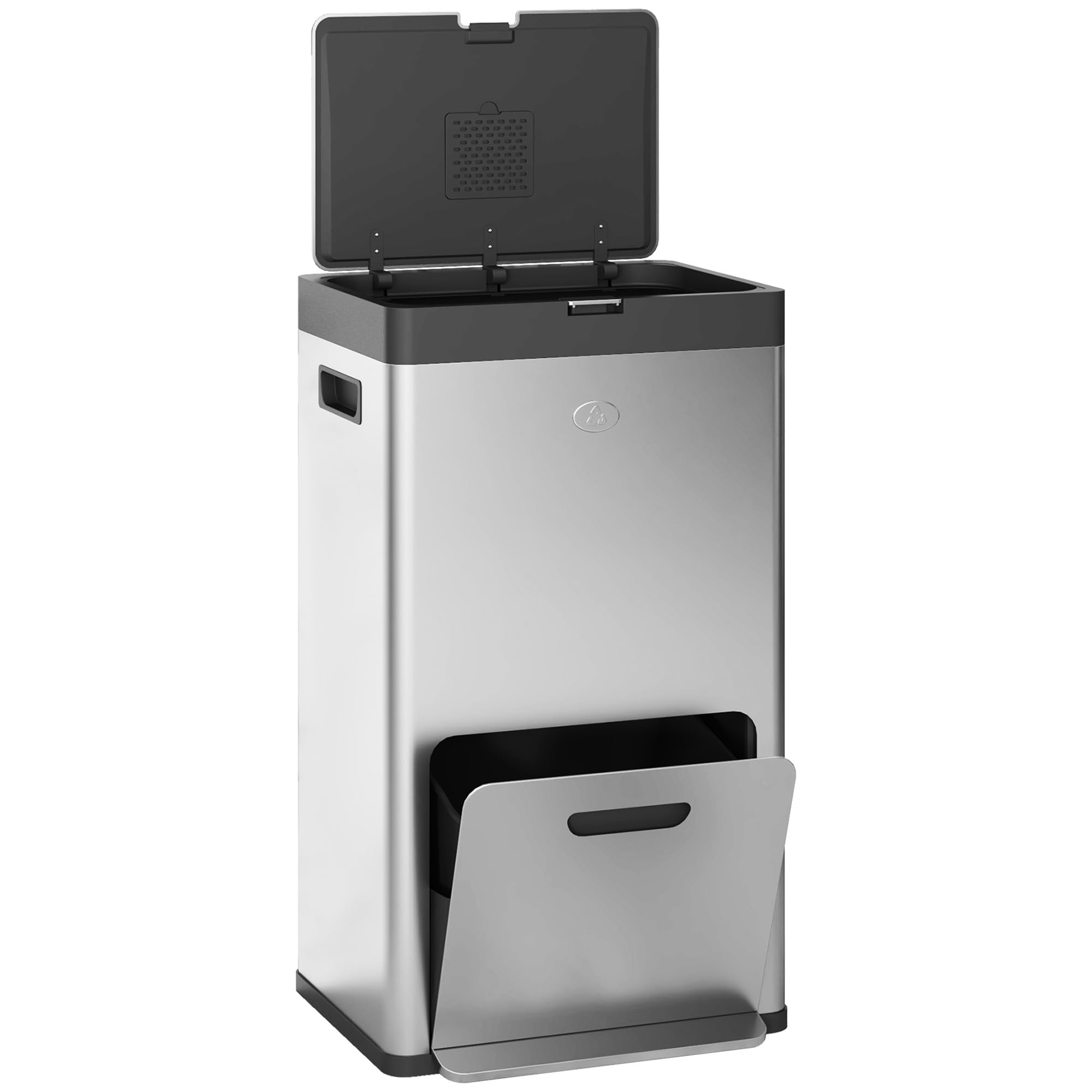 HOMCOM Poubelle de Cuisine Tri Sélectif 56L Acier INOX 410 Argent | Roulettes Recyclage, 3 Compartiments, Fermeture Douce, Pédale Large, Anti-Odeurs