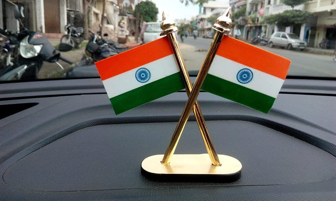 ViaZAID INDIAN FLAG WITH CROSSED DESIGN FOR CAR DASHBOARD,OFFICE-STUDY TABLE BRASS LIKE ROD Triangle Table Miniature Flag India Rectangle-image-6