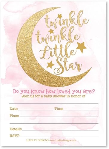 Hadley Designs 25 invitaciones de baby shower para niña, temática de revelación de género de estrellas pequeñas, lindas nubes de luna, tarjetas