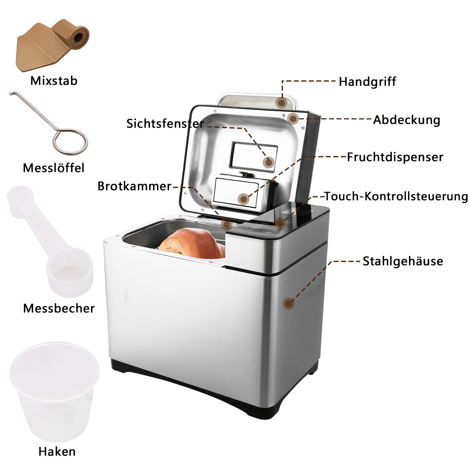 Hopekings Brotbackautomat Edelstahl Brotbackmaschine 19 Backprogramme Vollautomatische für 500g, 750g, 1000g 15-stündiger Verzögerungstimer Sichtfenster Warmhaltefunktion 710W
