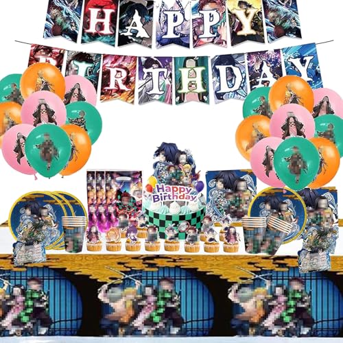Lot de 105 pièces de vaisselle de fête démon, décoration d'anniversaire, serviettes, nappe, assiettes en carton, sac cadeau, carte d'invitation, ballons, décoration d'anniversaire