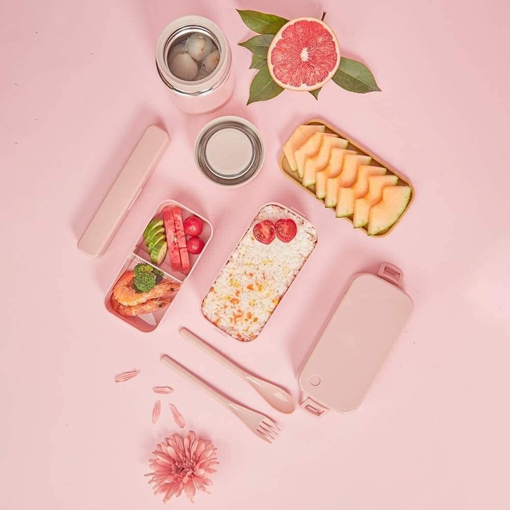 es Lunch Box Set da 4 Pezzi, 3 Scomparti ermetici, Include Posate, Barattolo per zuppa e Borsa per Il Pranzo