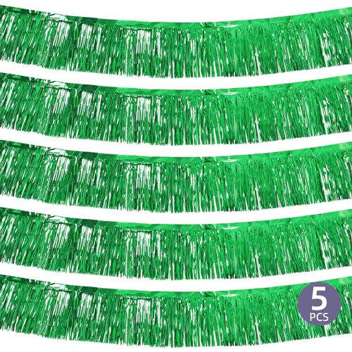 Image of 5 Pack 10 Feet Green Fringe Garland Foil Fringe Garland Metallic Tinsel Streamers Fringe Backdrop Banner for Parade Floats Birthday Party Decorations Halloween Christmas Decoration (Green)