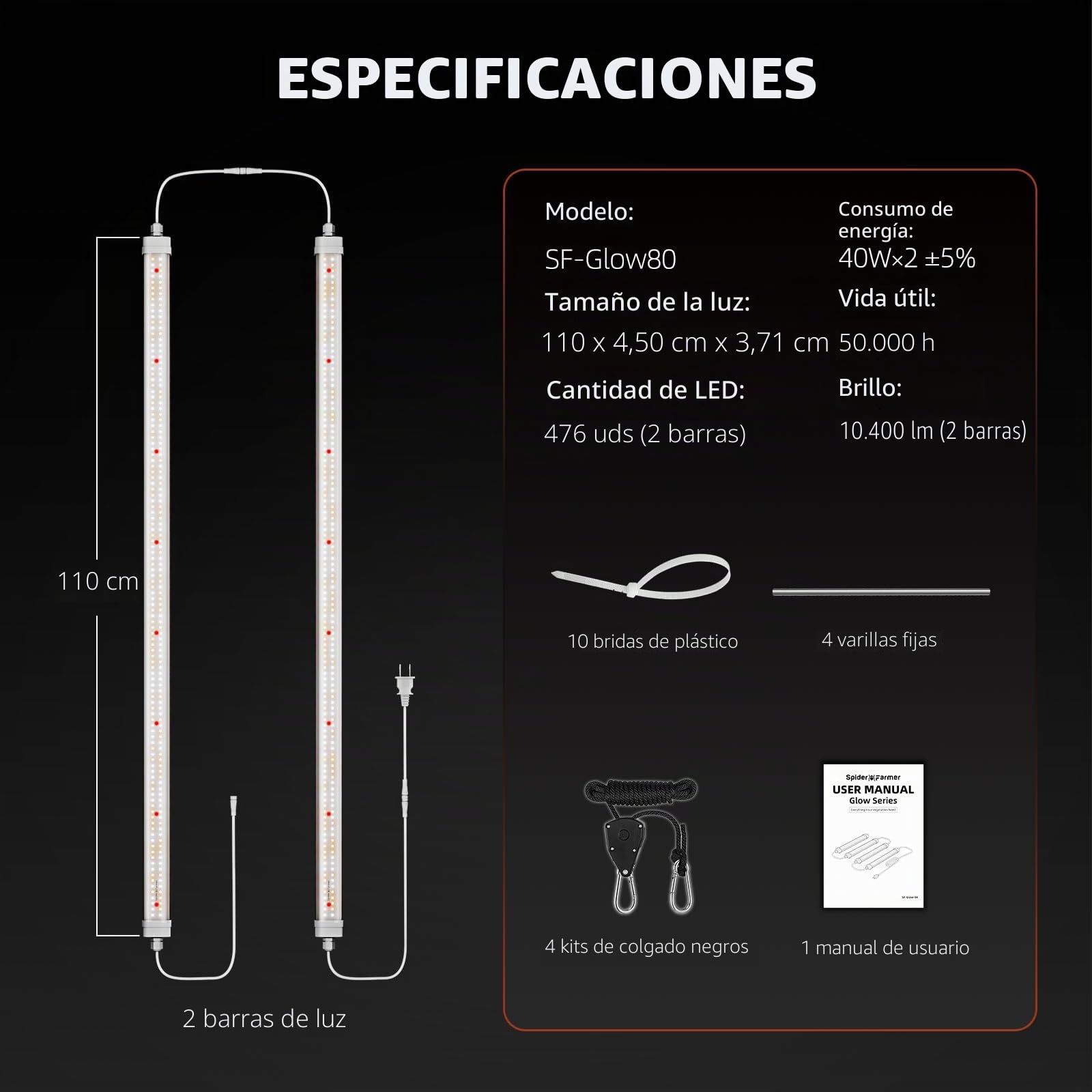SPIDER FARMER Glow80 LED Planta de la lámpara, 110cm de espectro completo a prueba de agua lámpara de cultivo de plantas para plantas de interior de plántulas Veg Flor, 2-Pack 476 Leds 80W