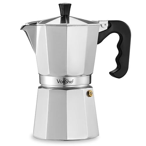 VonShef Stovetop Coffee Maker, 6 Cup Aluminium Italian Espresso Maker, 300ml Gas & Electric Stove Top Moka Pot with Replacement Gasket & Filter - 6 Cup