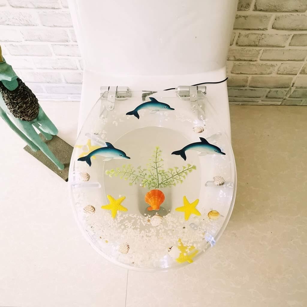 Transparent Dolphin Design Toilet Seat with LED Light, Soft Close, Resin, Oval Shape, Bottom Fix, Quick Release, Easy Install
