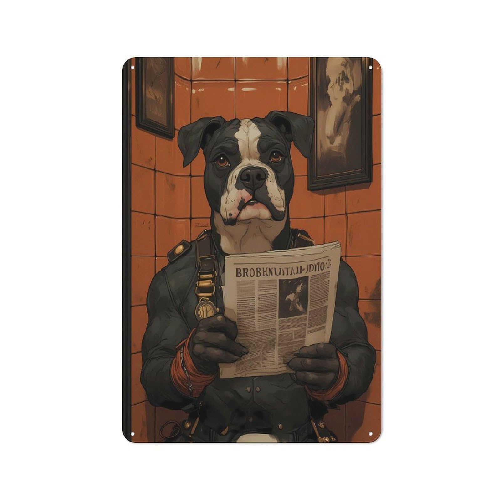 Vintage Tin Sign with Anthropomorphic Dog Reading Newspaper in Bathroom Design 30x20cm, Vintage Cafe Wall Decor for Coffee Bar, Kitchen, Bistro Or Tea Corner