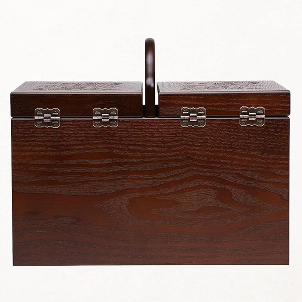 Caja de costura de madera, cestas de costura grandes con 2 cajones, organizador de herramientas de costura con compartimento, fácil de llevar, para el hogar y bordado