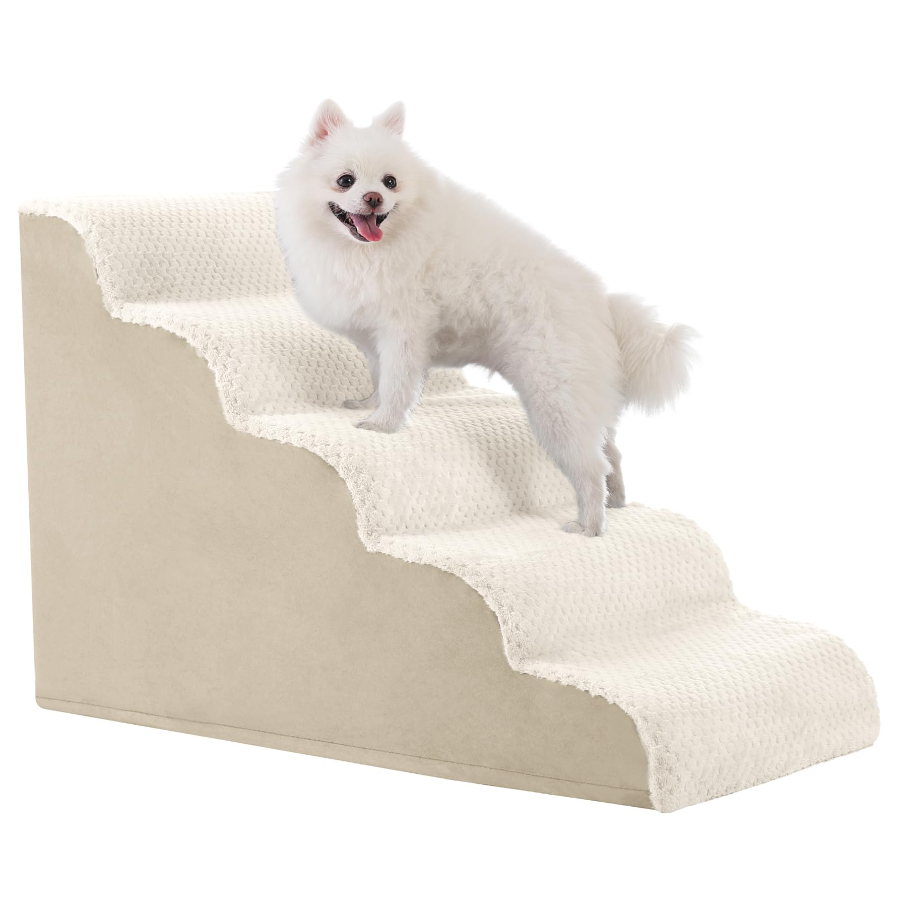 Dog Stairs Ramp, Curved 5-Step Dog Steps for Small Dogs and Cats, Pet Stairs for High Beds and Couch with Anti-Slip Washable Cover and Durable High Density Foam, Beige