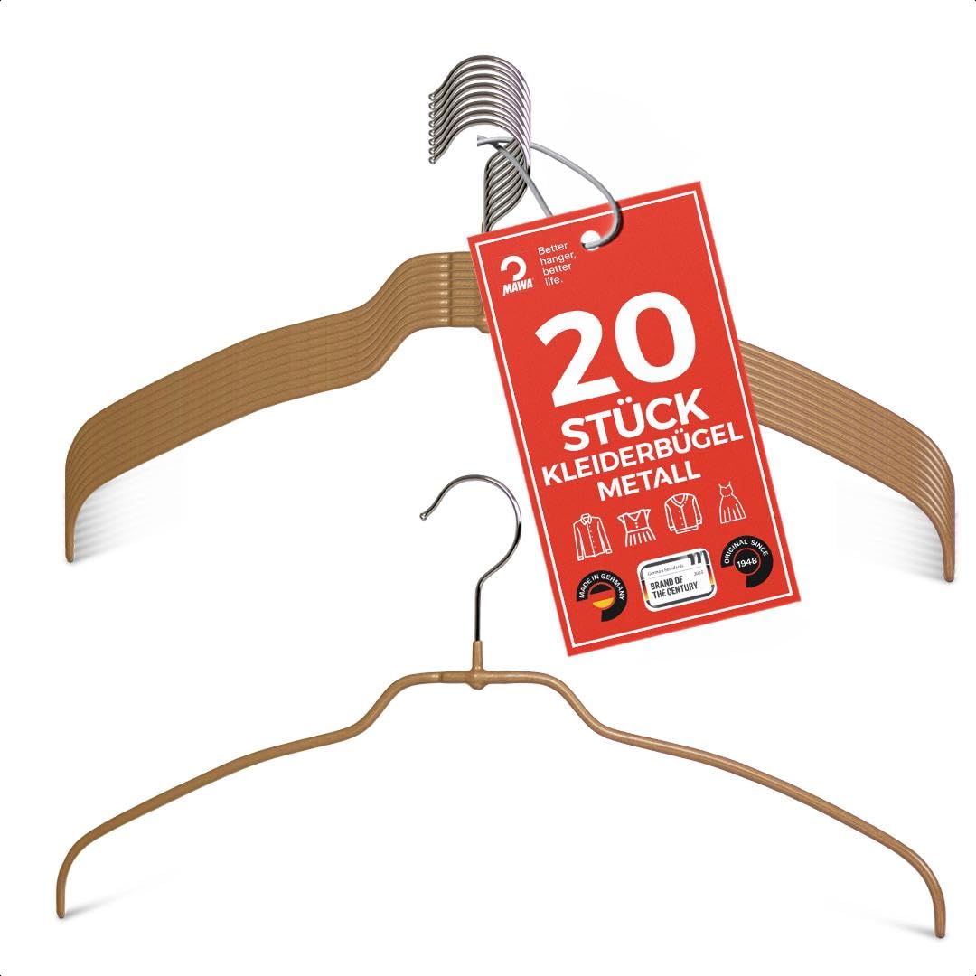 MAWA Kleiderbügel, Set aus 20, platzsparend und rutschfest, mit 360° drehbarem Haken, für Blusen, Hemden und Shirts, 36 cm, Latte Macchiato | Dünn, platzsparend, für empfindliche Textilien, um 360 ° drehbare Haken, rutschfeste Beschichtung