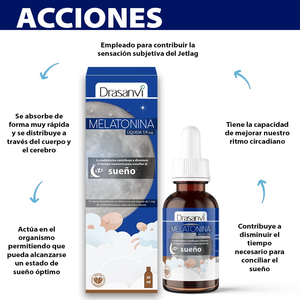DRASANVI Melatonina Pura de 1,9 mg |Ayuda a Conciliar el Sueño| Potente Antioxidante| Ayuda en la Producción de la Hormona del Crecimiento (GH)| Rápida Absorción| Envase 50 ml= 31 Días| Sabor Limón