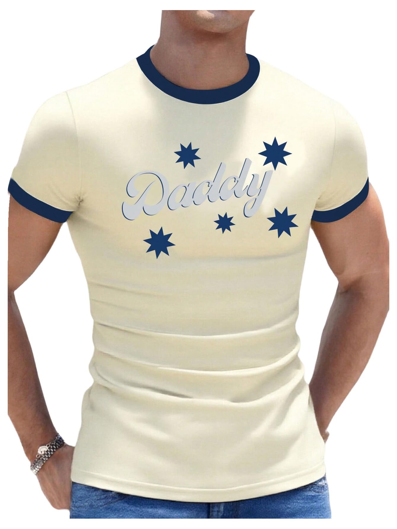 Men's Y2K Ringer Tee Short Sleeve Star Letter Graphic Tees Streetwear Casual Crew Neck Novelty T-Shirts