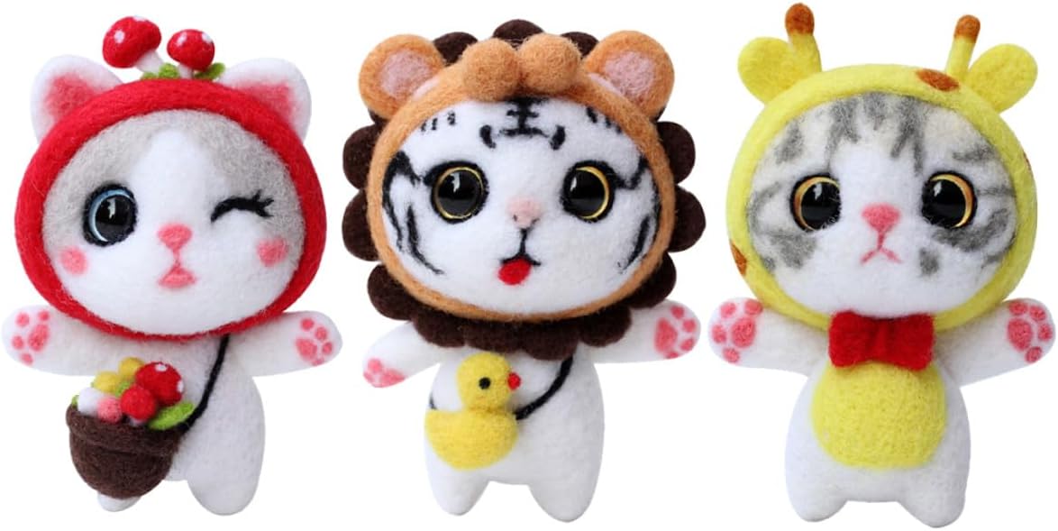 jojofuny 3 Sets Needle Felting Kit for Beginners Cartoon Animal Doll DIY Wool Felt Craft Supplies Punch Embroidery Tools Complete Material Package for Adults