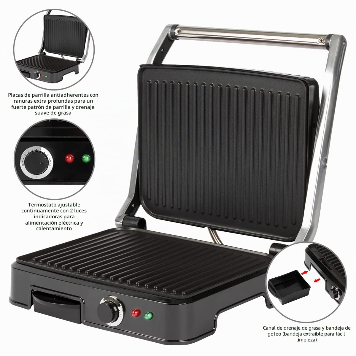 Clatronic KG 3487 Grill de Asar con Tapa Basculante, 2000 W, Acero Inoxidable