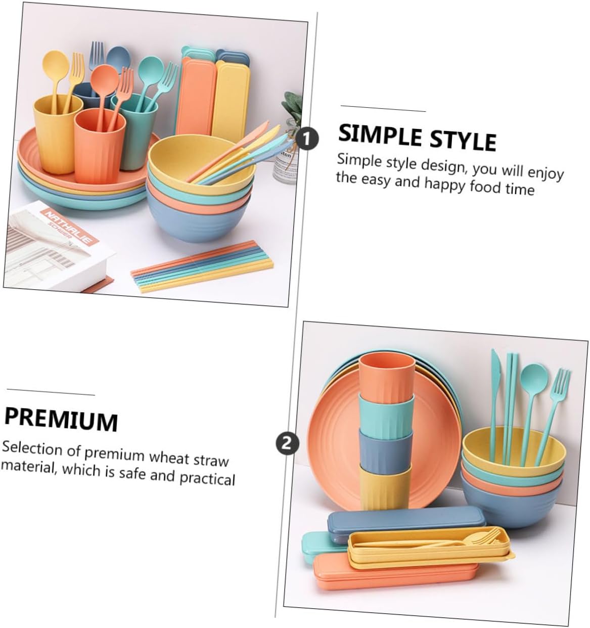 IMIKEYA 4Sets Wheat Straw Tableware Set Household Cutlery Collection Microwave Safe Plates Bowls Cups Forks and Spoons for Outdoor Dining Camping and Everyday Use