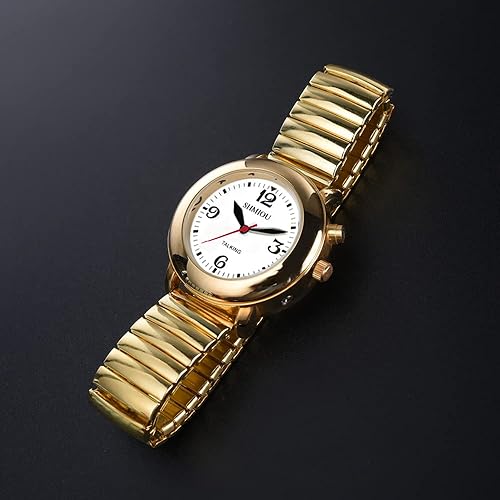 Miniatura 4 de Reloj hablante inglés para mujeres para personas mayores ciegas con discapacidad visual, pulsera dorada de expansión, voz analógica con salida