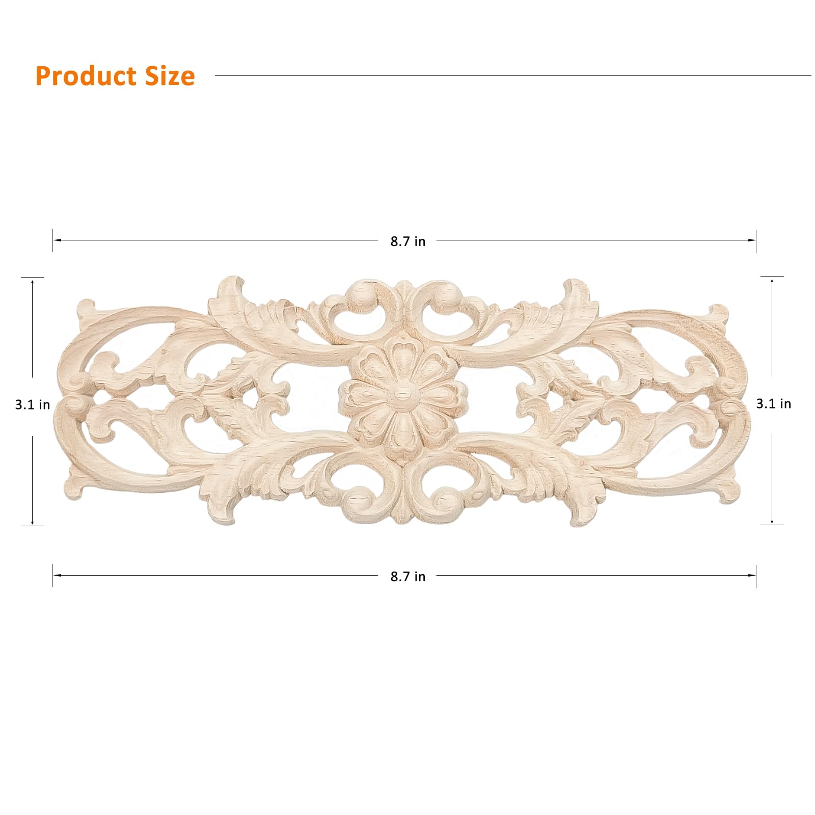 Vilanca 4 Pcs Decorative Wood Carved Appliques Onlays, 3 x 9 inch Unpainted Solid Wood Round Carving Decal for Furniture Cabinet Bed Wardrobe Closet DIY Decoration (9 * 3inch-4pack)