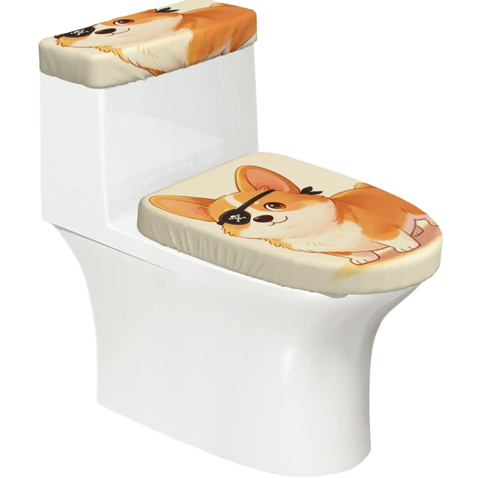 Pirate Dog Elastic Toilet Cover Set of 2-Stretchy Lid and Tank Covers for Bathroom, Soft Washable U Shape Toilet Decor