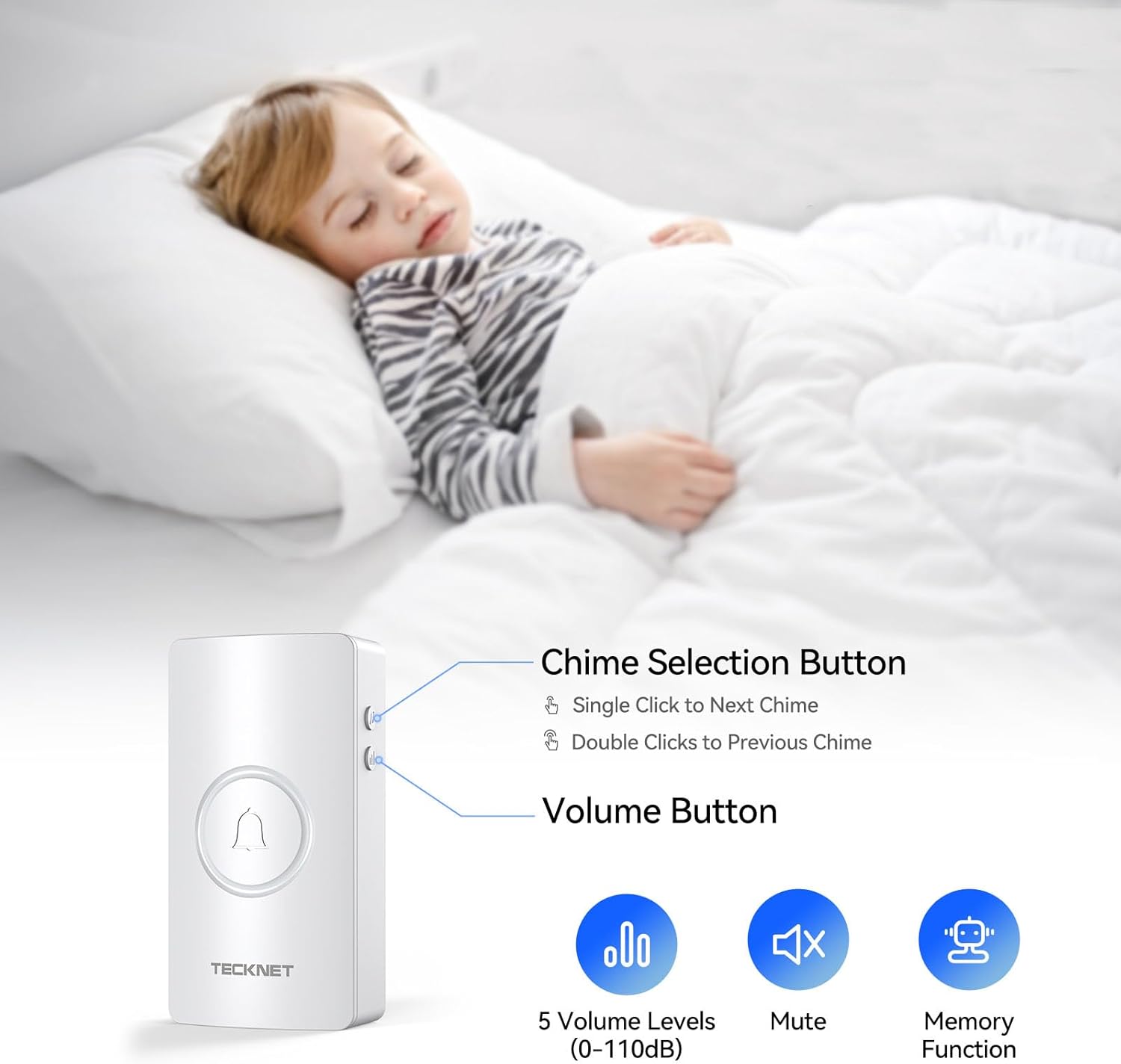 TECKNET doorbell receiver in silent mode with LED notification, shown next to a sleeping child.