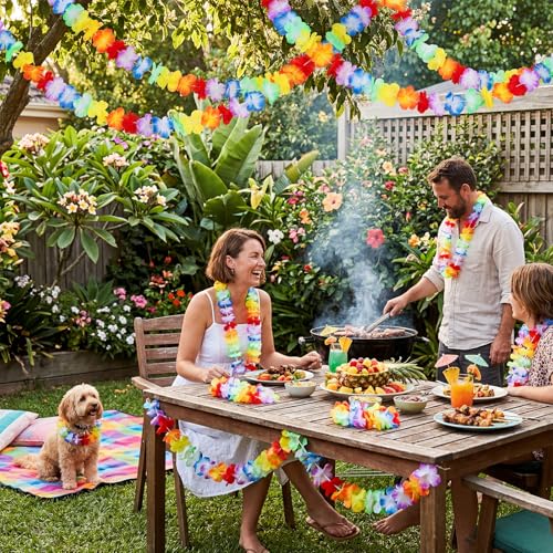 Image of JOVITEC 40 Pack Hawaiian Flower Garlands, 10 Feet Each Multicolored Tropical Luau Hibiscus Flower Lei Garland for Hawaiian Party Supplies Decorations Summer Beach Birthday Indoor Outdoor Decor