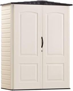 Rubbermaid Small Vertical Resin Outdoor Storage Shed With Floor (2.3 x 4.6 Ft), Weather Resistant, Beige/Brown, Organization for Home/Backyard/Pool Chemicals/Toys/Garden Tools/Porch/Patio Cushions
