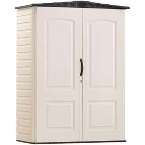 Rubbermaid Small Vertical Resin Outdoor Storage Shed With Floor (2.3 x 4.6 Ft), Weather Resistant, Beige/Brown, Organization for Home/Backyard/Pool Chemicals/Toys/Garden Tools/Porch/Patio Cushions