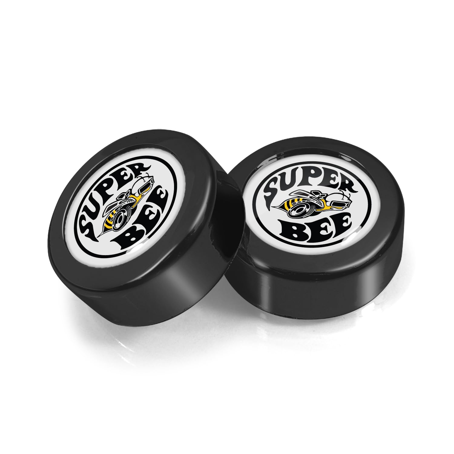 for Dodge Super-Bee in White Dome Logo on Black Two ABS Plastic License Plate Frame Screw Cover Set