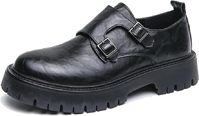 Mens Leather Buckle Strap Platform Loafers Classic Round Toe Anti-Slip Lug Sole Chunky Slip-On Loafers for Business Office Formal Shoes