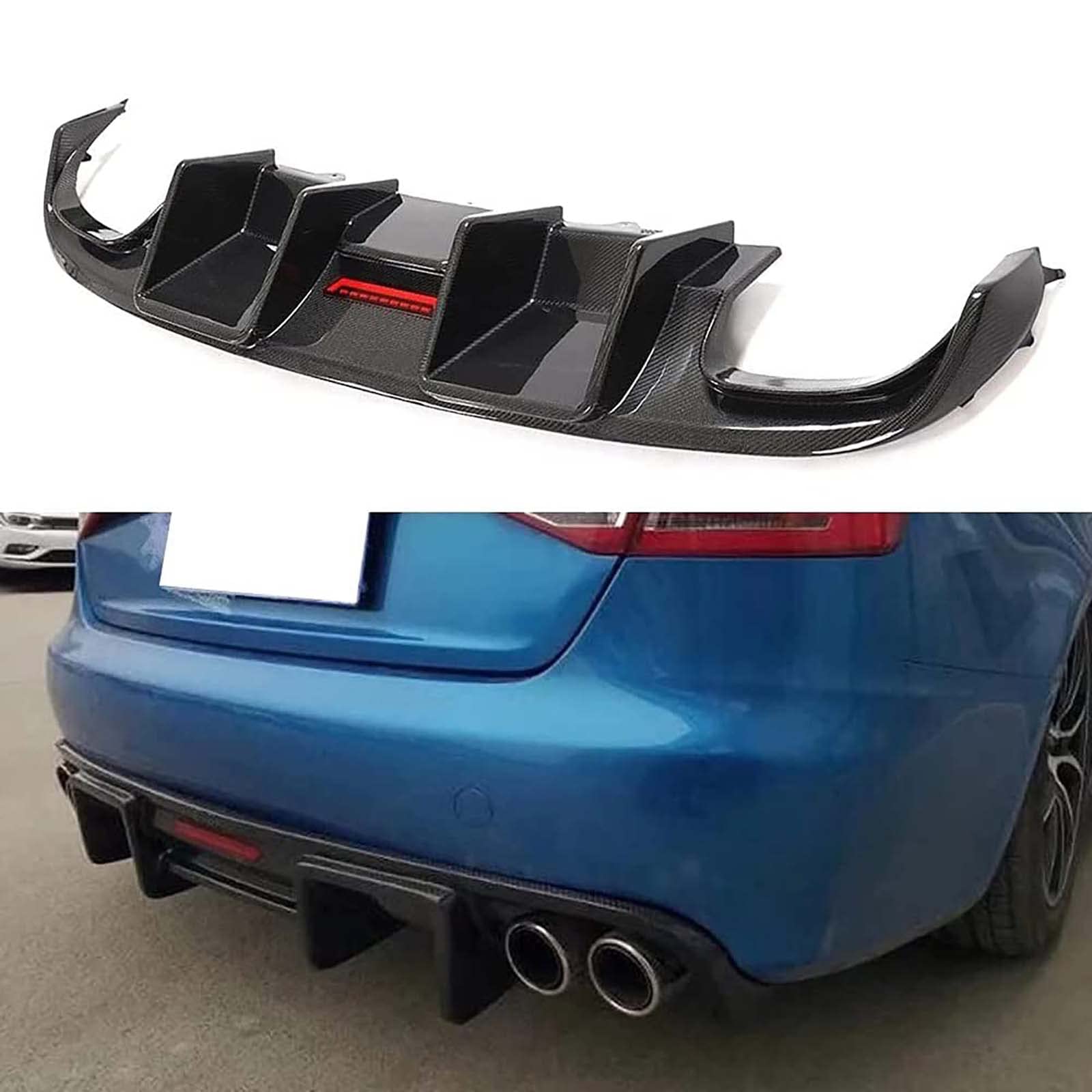 NMDNNJ Spoiler diffuser, suitable for Audi S4 B8 2008-2012, with LED lights, chassis protection, carbon fiber material, car lower lip, bumper modification, anti-collision protection, car modification