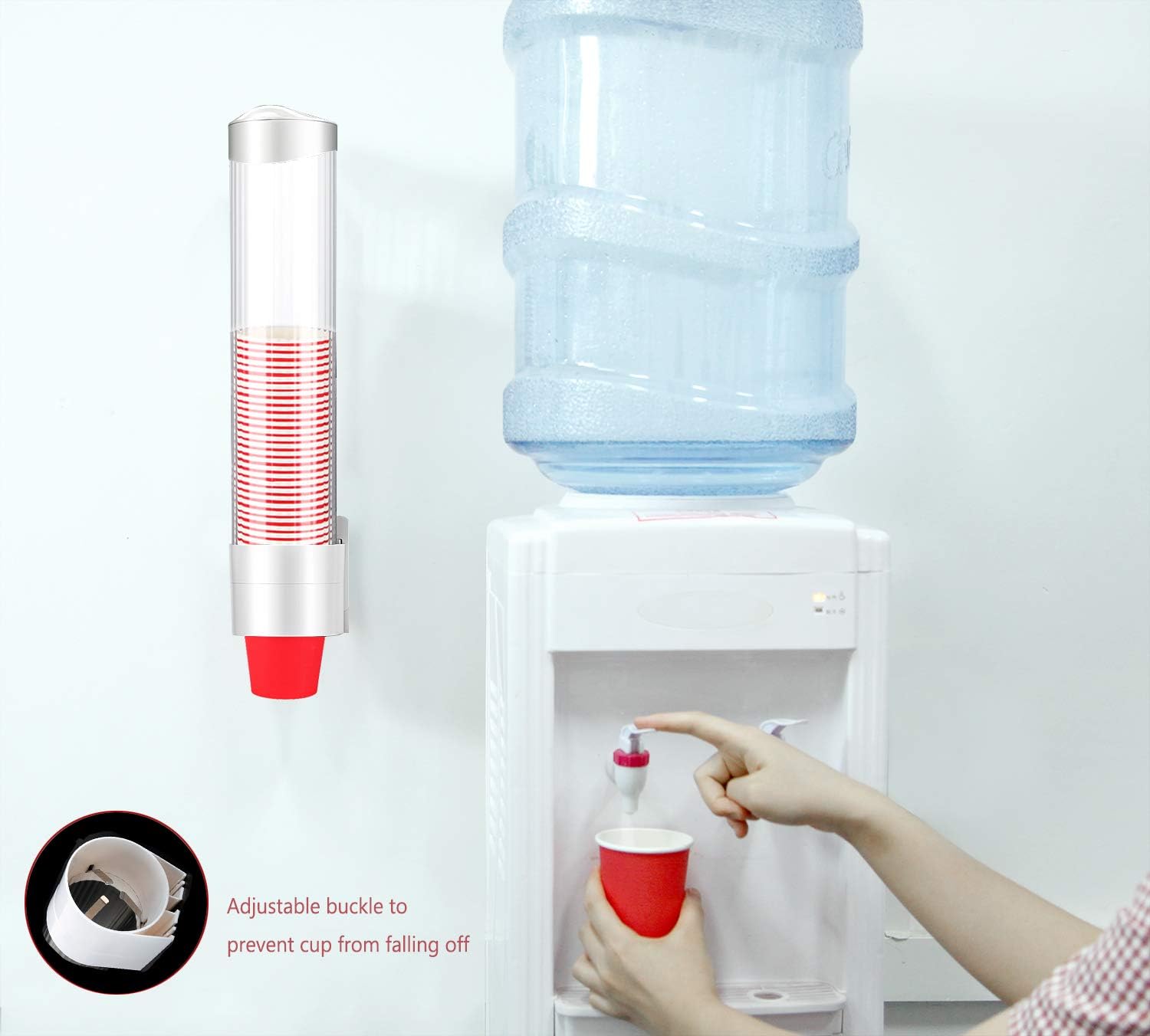 N／A Dispenser per bicchieri d'acqua a parete con bottone One Touch Dispenser per bicchieri in plastica anti-polvere, per bicchieri di carta, coni di carta biodegradabili, 7,5 cm, 50 tazze (bianco)