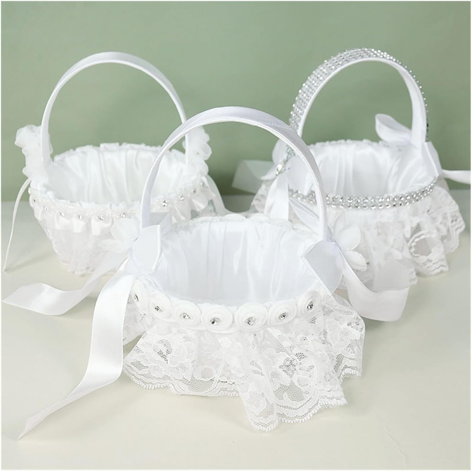 Wedding Flower Girl Basket with Lace, Lace Trimmed Flower Basket for Wedding Home Decor(White-1)