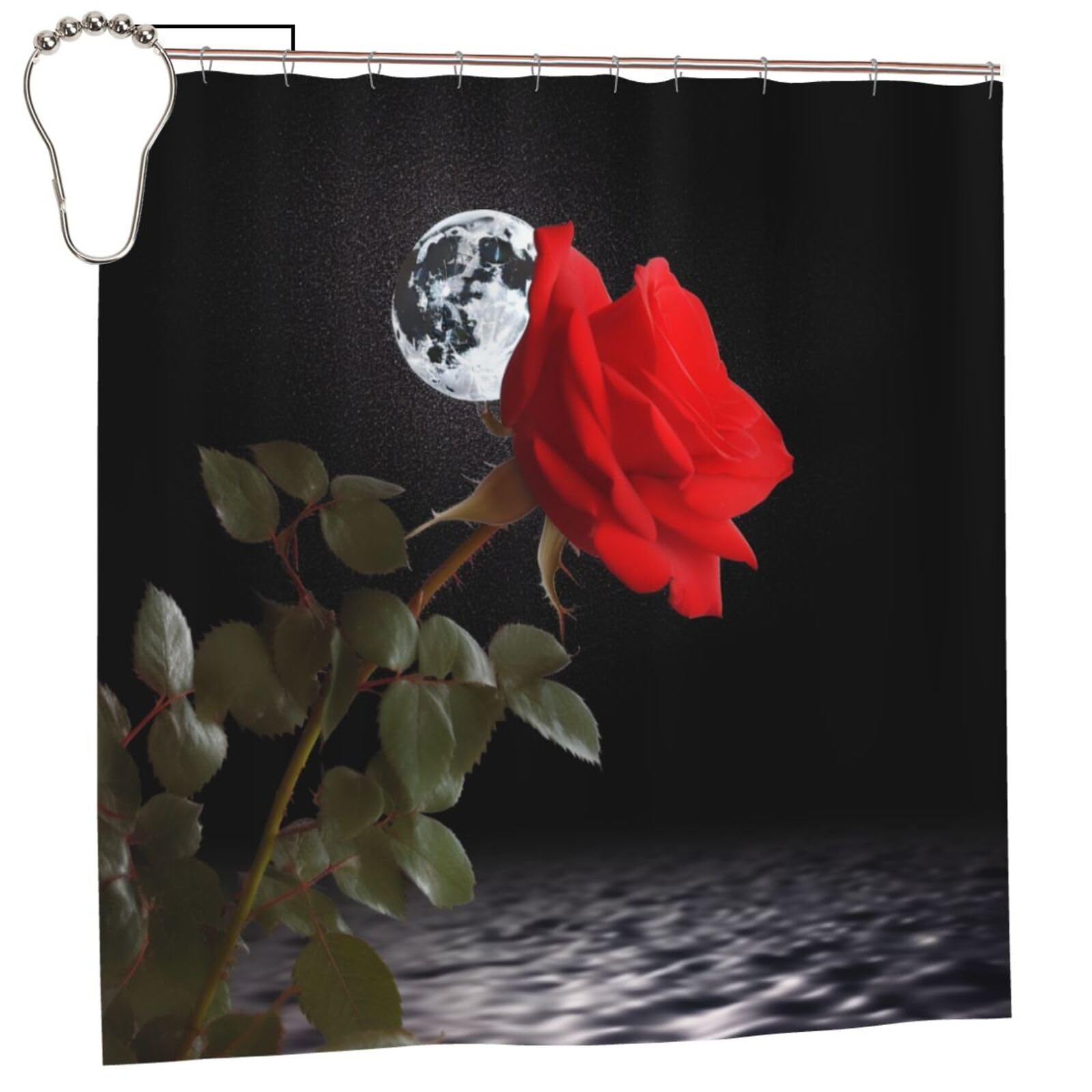 BWWHCCTI Red Rose Under Moon Printed Shower Curtain With 12 Iron Hooks Opaque Quick Drying Waterproof Shower Curtains Sets For Bathroom 183x183 CM