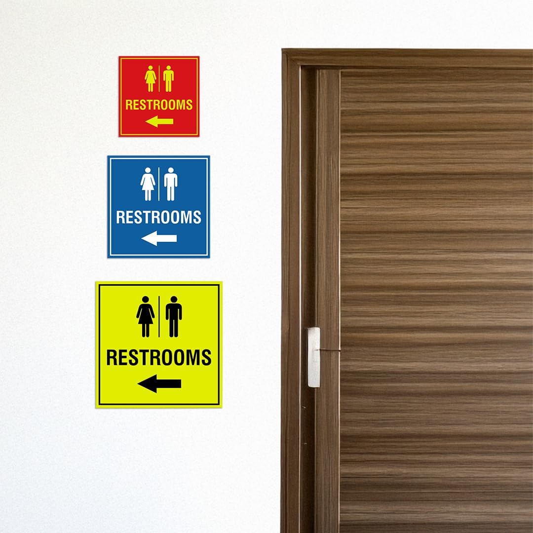 Signs ByLITA Square Restrooms left arrow Sign with Adhesive Tape (White) - Large (2 Pack)