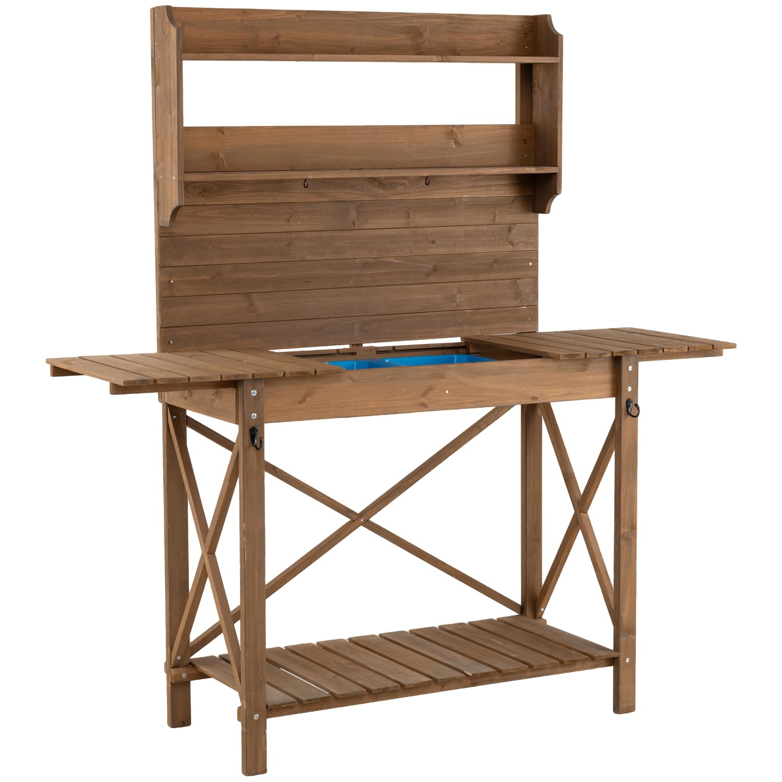 TANGZON Garden Potting Table, Wooden Germination Bench with Sliding Tabletop, Removable Sink, Bottom & Top Shelf, Outdoor Planting Workstation for Patio Courtyard (Brown, 100-155 x 44 x 160 cm)