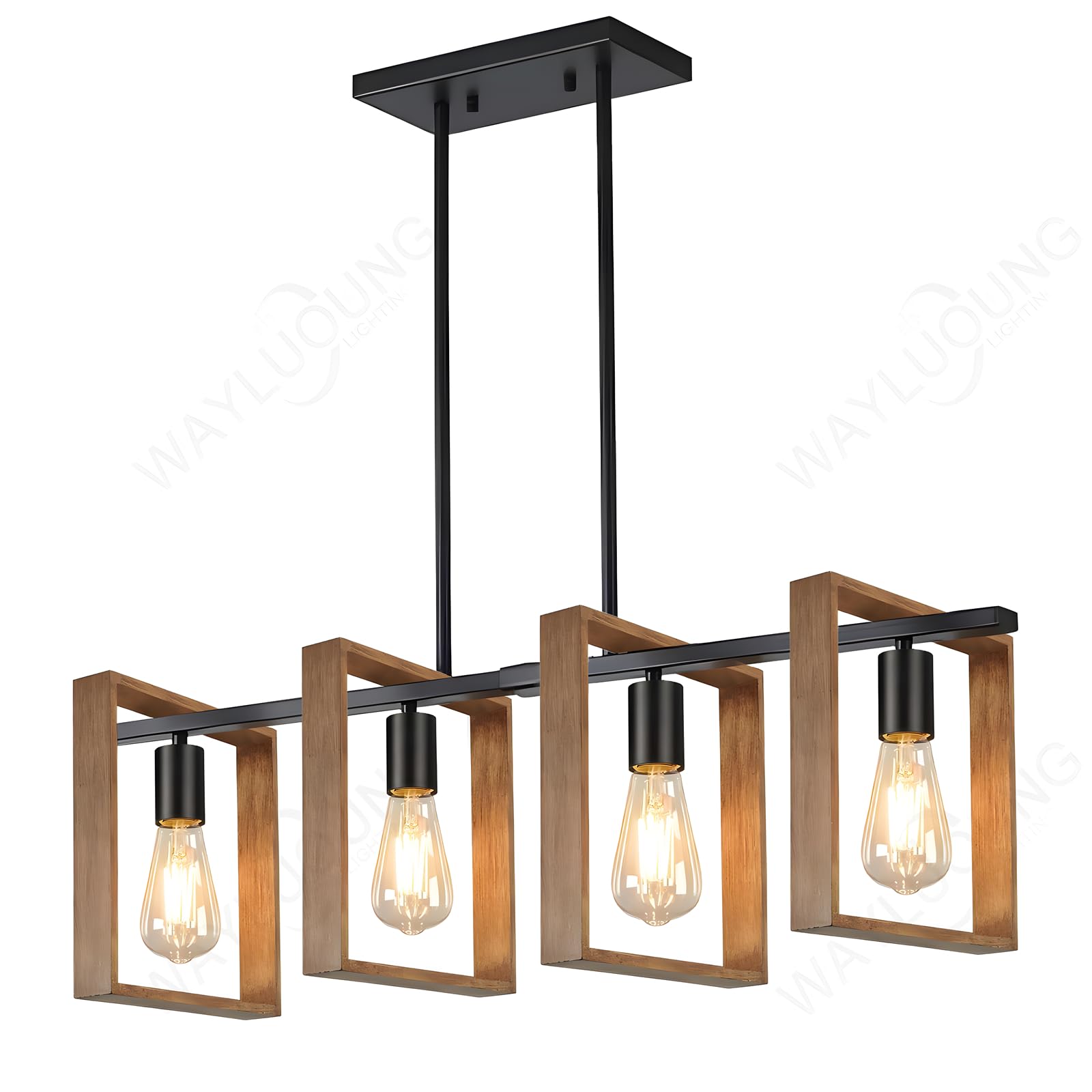 Iluminación De Isla De Cocina Negra, Lámpara De Comedor De 4 Luces De L80cm, De Altura Ajustable, Lámpara De Araña Con Marco De Madera, Cocina, Luces De Mesa De Billar, E27 (Bombillas No Incluidas)