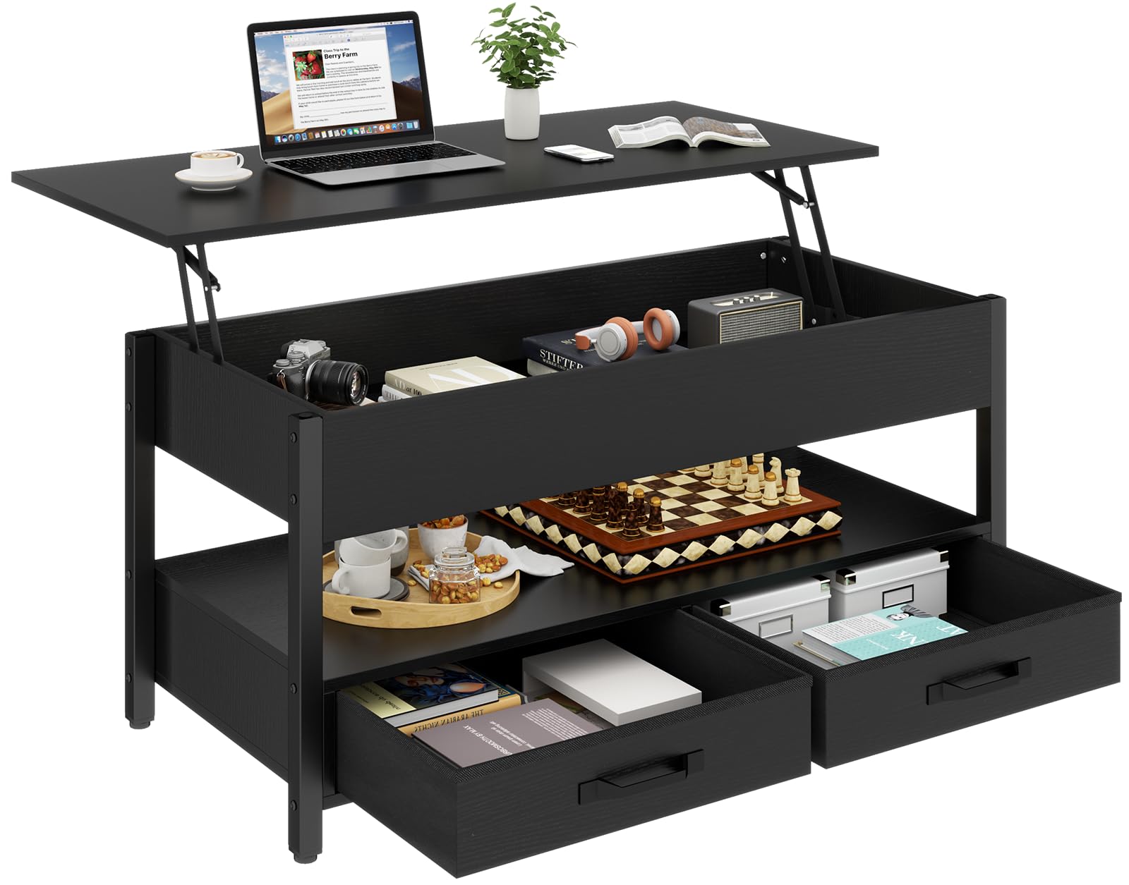Loomie Coffee Table Lift Top, Multi-Function Convertible Coffee Tables with Hidden Storage Compartment and 2 Drawers, Retro Central Table with Storage Shelf for Living Room, Home Office (Black)