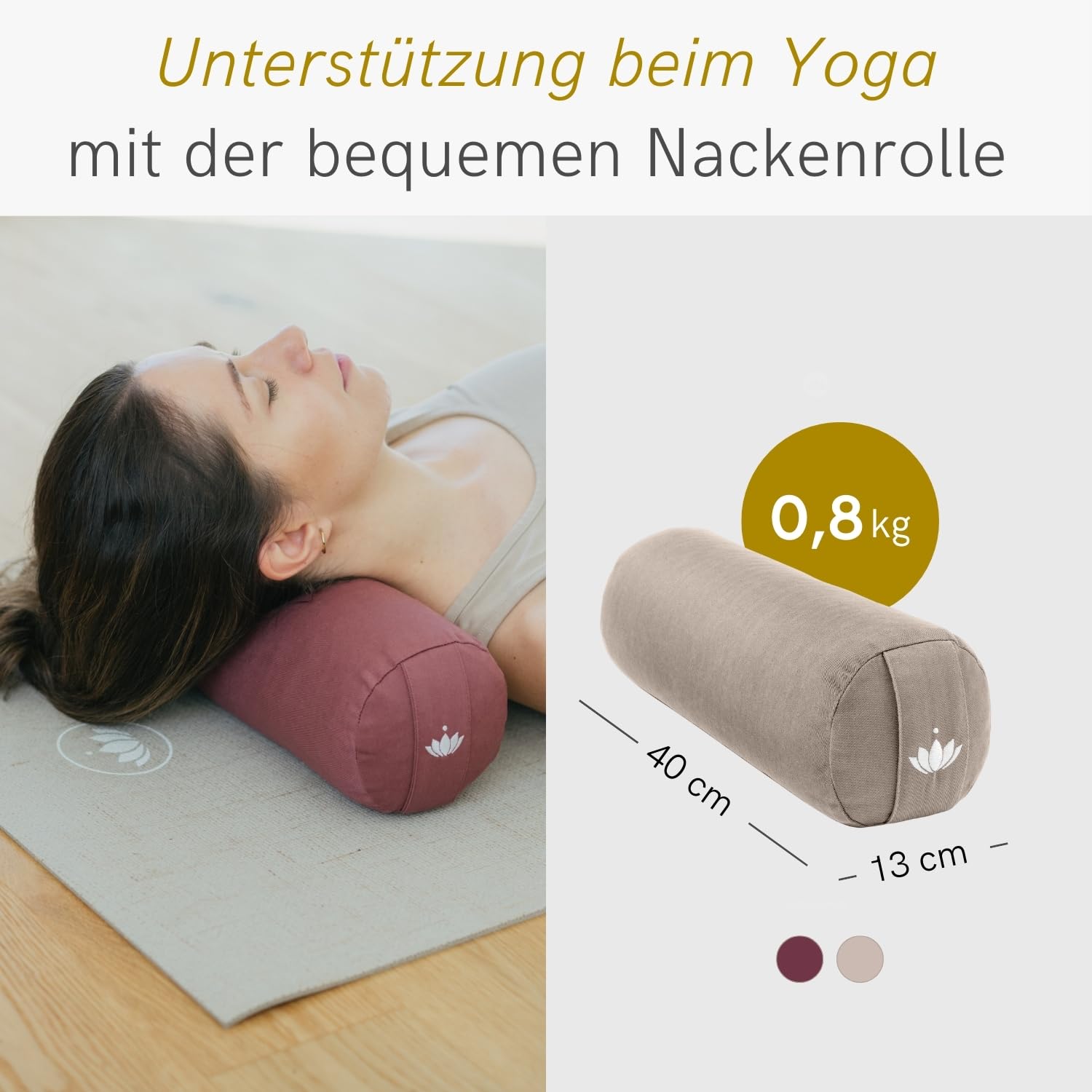 Lotuscrafts Yogarolle klein 40 x 13 cm Nackenrolle mit Bezug aus Bio-Baumwolle und Bio-Dinkelspelz GOTS zertifiziert