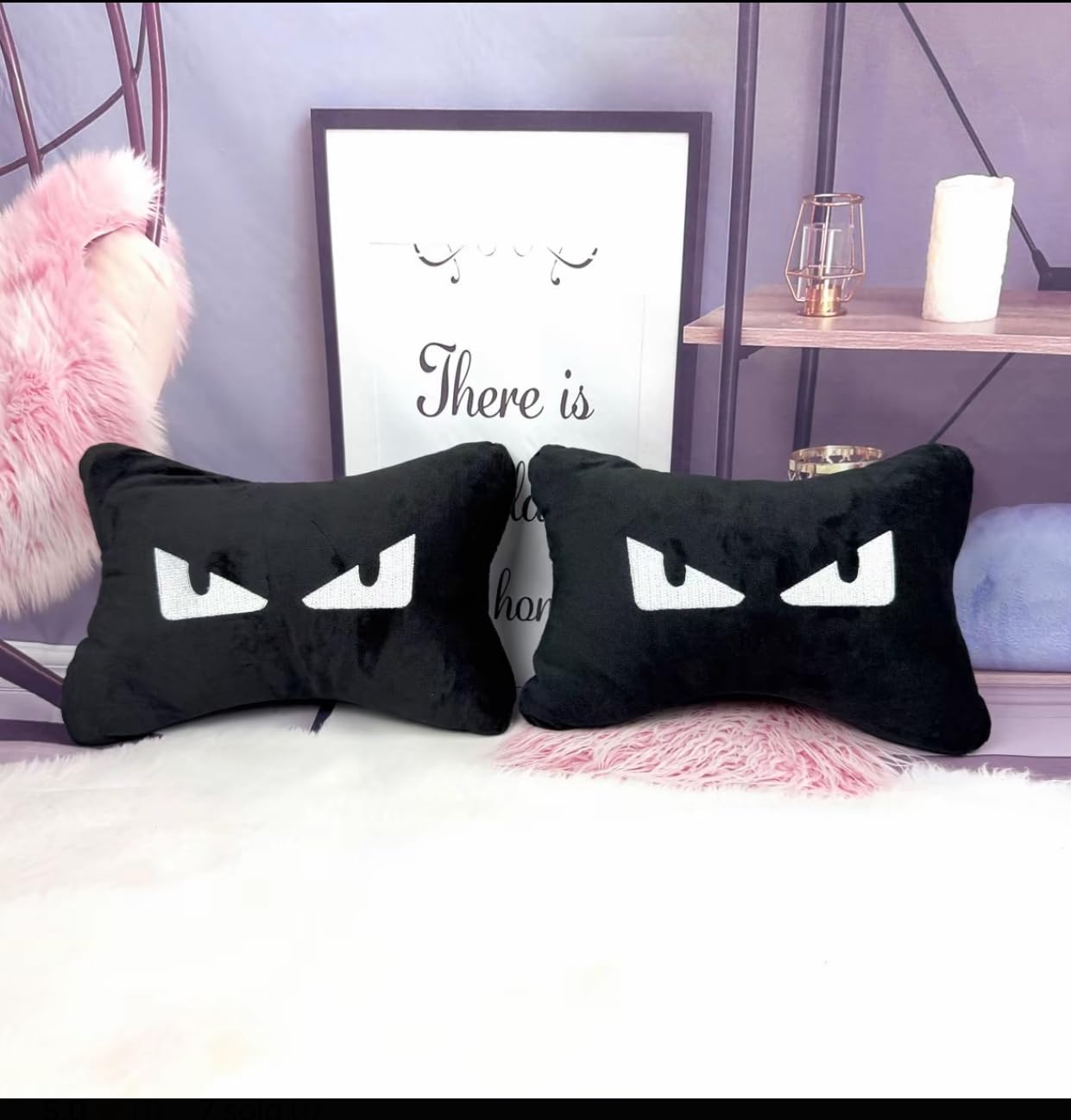 FF Eyes Suede Car Headrest Pillows x2, Luxury Soft Car Pillows Set (White)