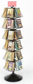 Wire Display Rack for Books or DVDs, 24-Pocket Floor-Standing Fixture, 360 Degree Rotating Stand - Black Welded Wire with Plastic Base and Sign Holder