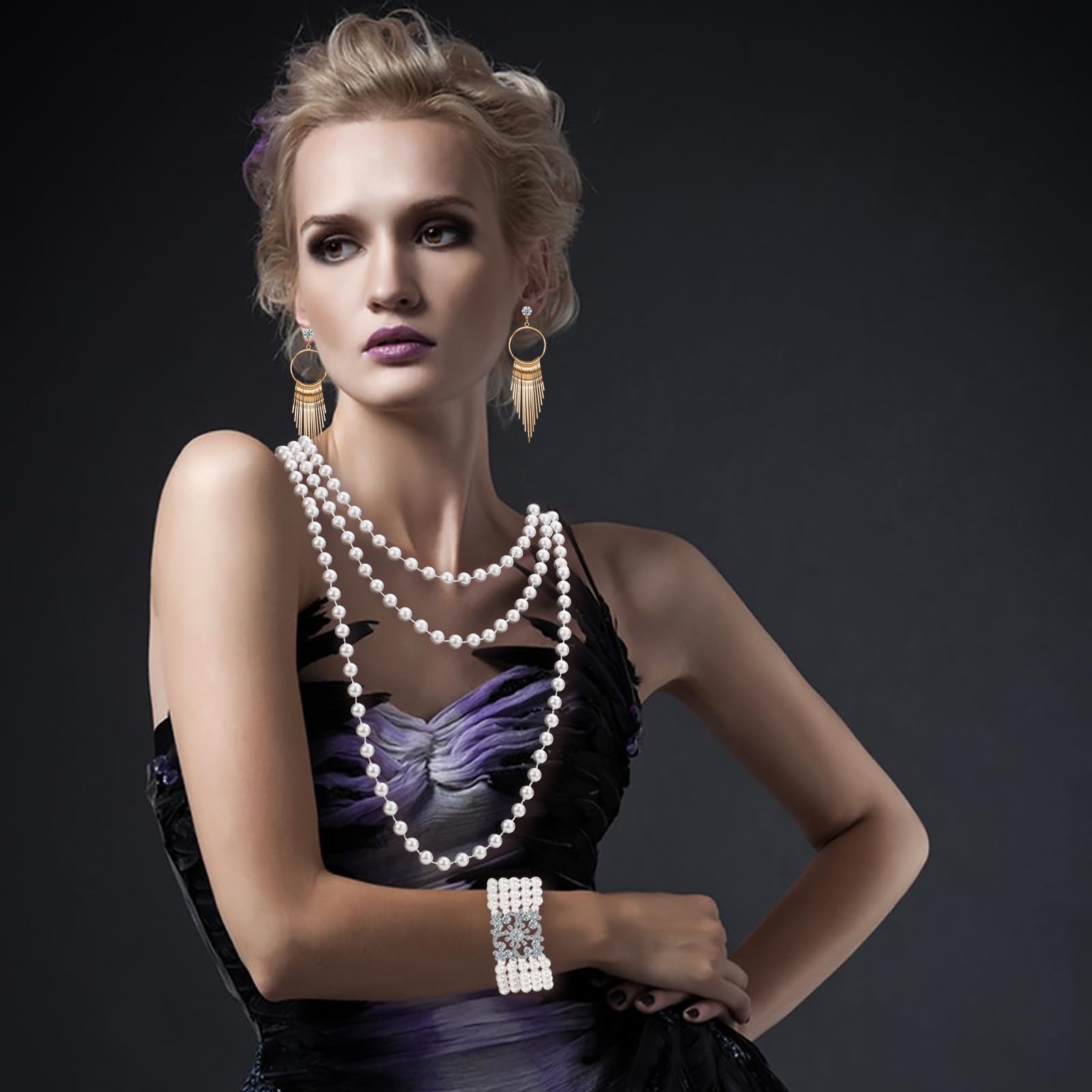 1920s Pearl Jewelry Set - Long Pearl Necklace, Earring Set, Multilayer Bracelet - Flapper Accessories for Women
