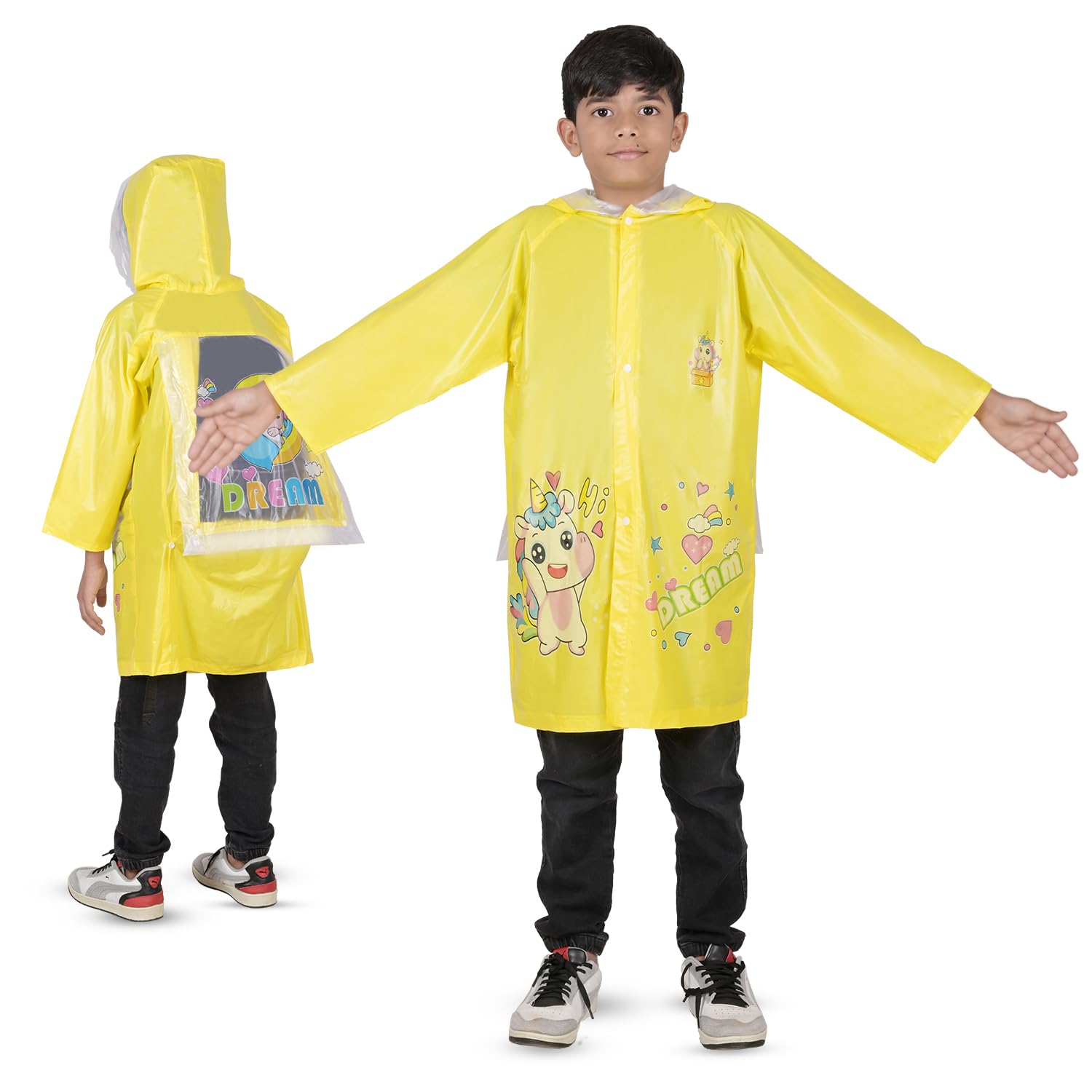 HACER Raincoat for Kids 13-15 Years Long Rain Jacket Boys Girls Rainsuit Waterproof Children Rainwear with Hood School Bag Cover & Carry Pouch (1Pc, 4XL, Unicorn Print, Yellow)