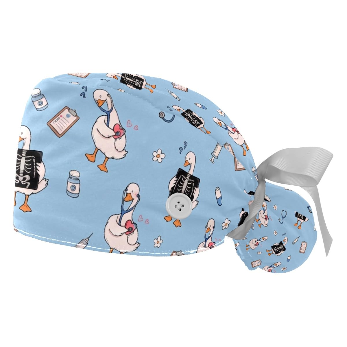 2 PCS Bouffant Cap with Button Ponytail Pouch Working Cap Sweatband Adjustable Surgical Cap Black and White Cow