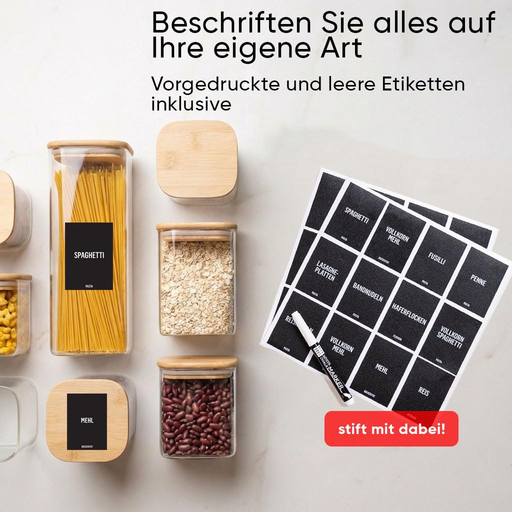 Deco haus® Vorratsgläser mit Deckel eckig 6er Set [+ETIKETTEN] - Vorratsdosen Glas mit Deckel luftdicht - Vorratsglas mit Holzdeckel - Müsli Aufbewahrungsgläser - Glasbehälter Vorratsbehälter