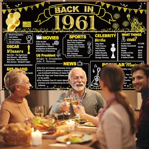 Image of DARUNAXY 65th Birthday Black Gold Party Decoration, Back in 1961 Banner 65 Year Old Birthday Party Poster Supplies Vintage 1961 Backdrop Photography Background for Men & Women 65th Class Reunion Decor