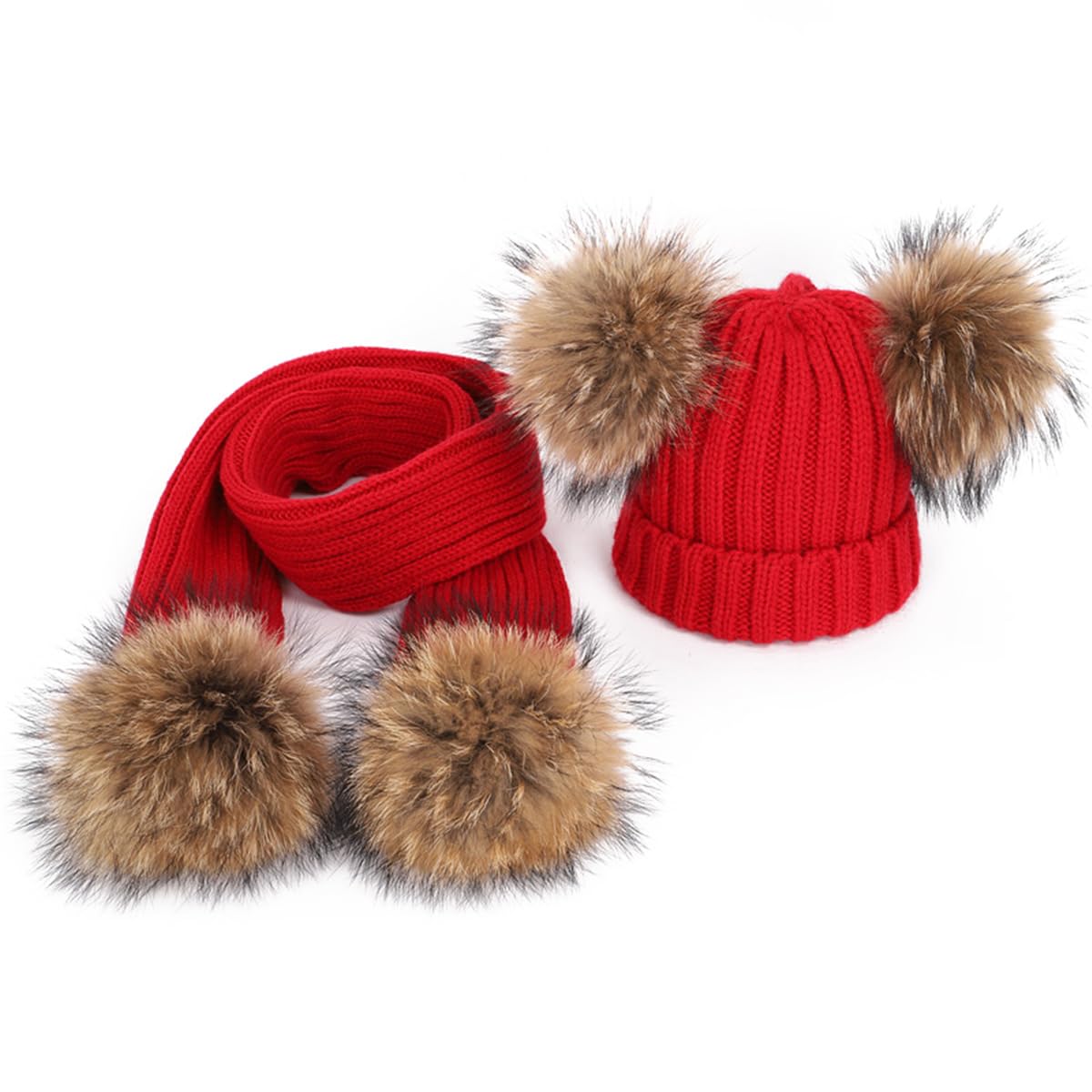 Conjuntos de gorro y bufanda de punto para niños con bolas de peluche, gorro con pompón grueso para otoño e invierno y bufanda larga para niños y niñas