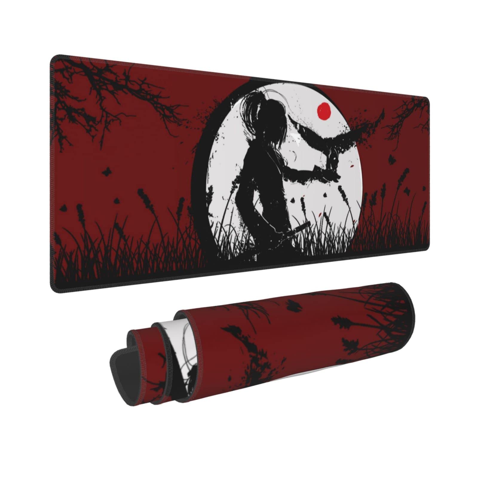 Tappetino Mouse XXL Samurai E Luna Rossa - Morbido E Impermeabile, 90x40cm - Perfetto Per Gioco E Ufficio