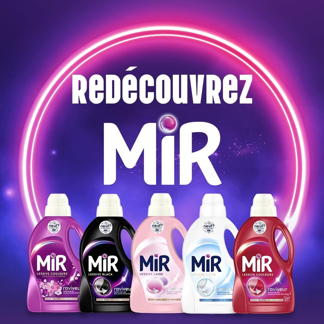 Mir - Lessive Liquide Couleurs - Explosion Florale -Main & Machine - Raviveur - Formule 3en1 - Couleurs - Fibres - Fraîcheur - Nettoie avec Soin - Pour Toutes les Couleurs - 27 Lavages - Lot de 8